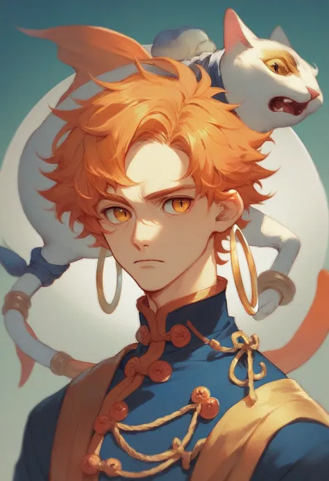 orange hair color, golden eyes, medium straight hair parted in the center, wearing a hoop on his head, vermilion ancient chinese...