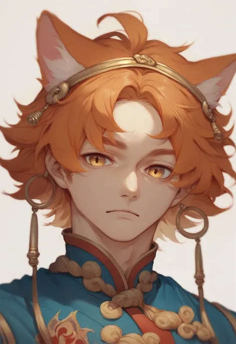 orange hair color, golden eyes, medium straight hair parted in the center, wearing a hoop on his head, vermilion ancient chinese...