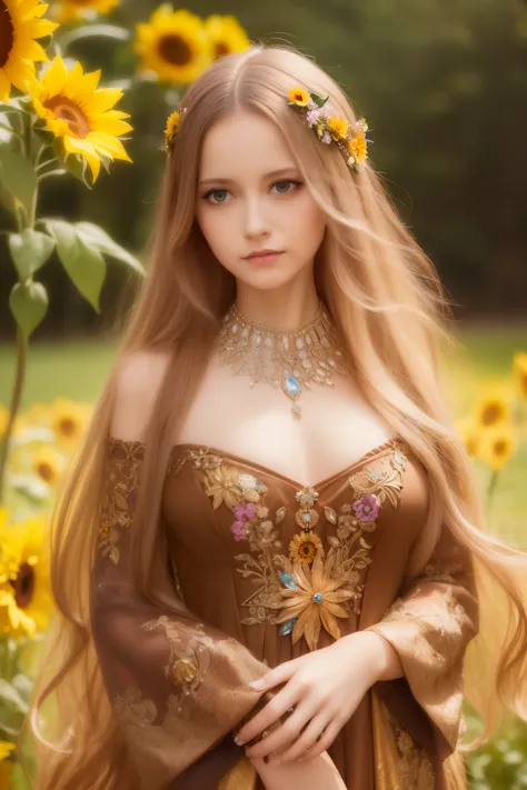 (  absurdly , high quality , ultra detailed ) ,( hand detailed ) , 1girl, solo, mature, very long hair, sunflower hair , beautif...