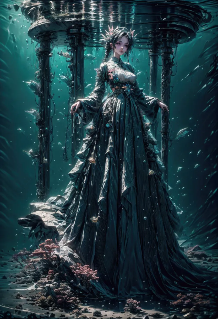 1girll,wearing a dress，fantasy dresses，complex dress，dynamicposes，in the mysterious underwater space，amazing aquatic creatures，w...