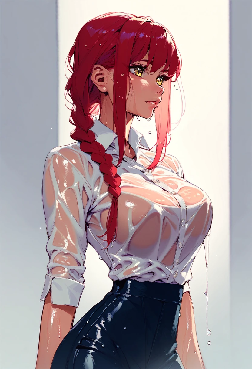 score_9, score_8_up, score_7_up, score_6_up, score_5_up, mixed_artstyle, 
1girl, solo, makima, white set, wet clothes, red hair, yellow eyes