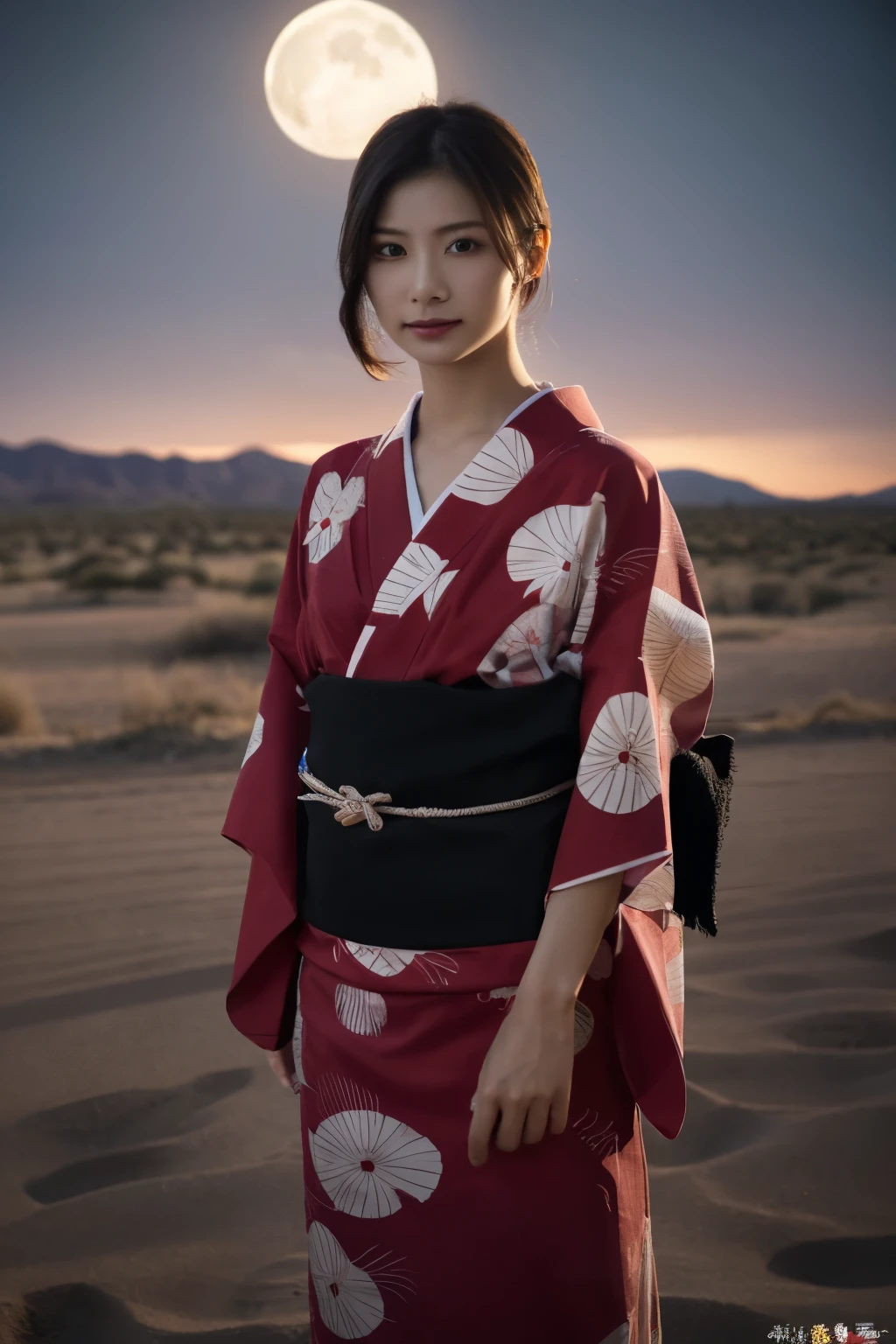 1 girl, (Wear a cute red yukata:1.2), Very beautiful Japanese idol portraits, 
(RAW Photos, Highest quality), (Realistic, Realistic:1.4), (masterpiece), 
Very delicate and beautiful, Very detailed, 2k wallpaper, wonderful, finely, Very detailed CG Unity 8K wallpaper, Very detailed, High resolution, Soft Light, 
Beautiful detailed girl, Very detailed目と顔, Beautiful and sophisticated nose, Beautiful and beautiful eyes, Cinema Lighting, 
(Standing in the desert on a moonlit night:1.3), (Big Moon), (月明かりに浮かぶ少女のwhole bodyのシルエット), (Dark screen:1.5), 
(Medium Hair), (Bring your hair back), (whole body), 
Complete Anatomy, Slender body, Small breasts