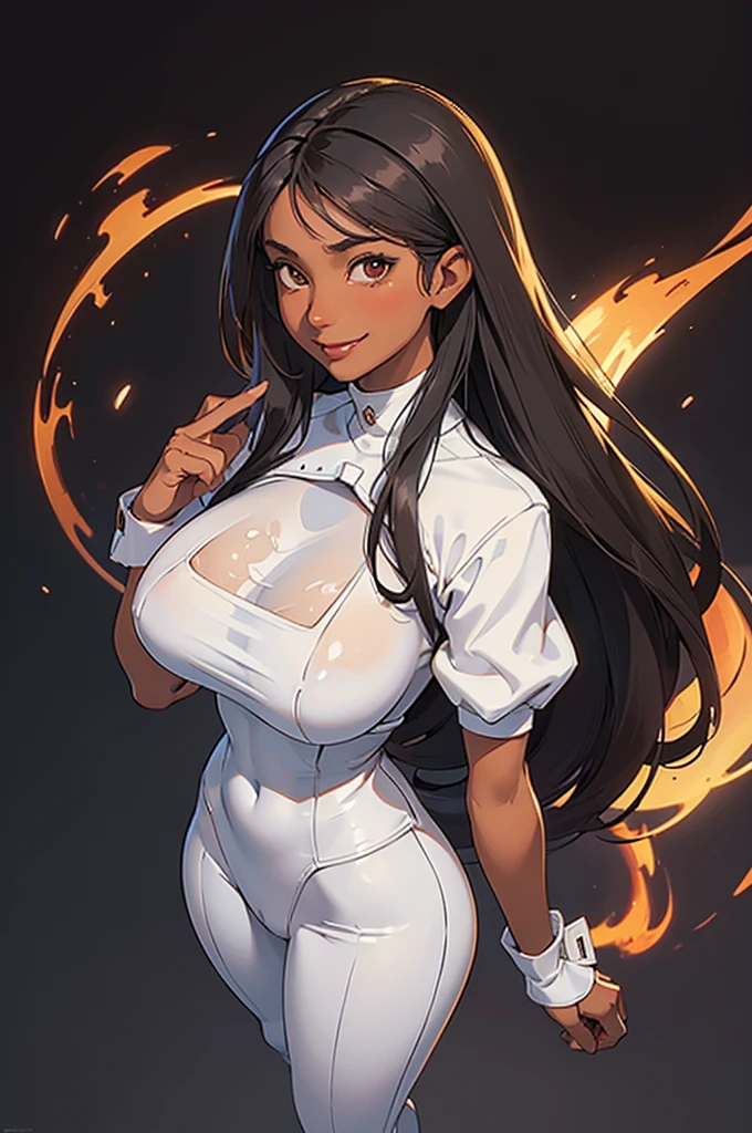 NSFW, Cartoon, 1Woman, (((tanned skin))), ((best quality)), ((masterpiece)), (detailed), beautiful face, (defiance512:1.2), solo, (((black hair))), (((sexy white outfit))), (((long hair))), (((big brown eyes))), (((smiling mommy-like expression))), (((sexy dominant standing pose))), (((plain background))), (evil:1.2), (interview:1.3), intense seductive gaze, contrasting soft skin, (lighting:1.2), ((best quality)), ((masterpiece)), (detailed), perfect face, (((half-body view)))