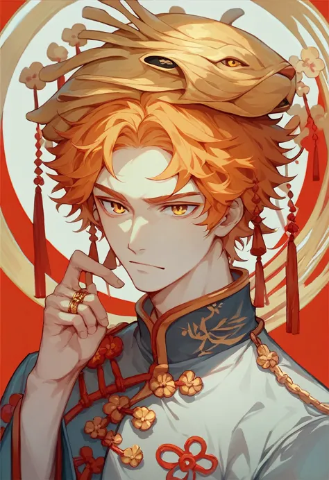 orange hair color, golden eyes, medium straight hair parted in the center.
((wearing a gold ring on his head)).
wearing vermilio...