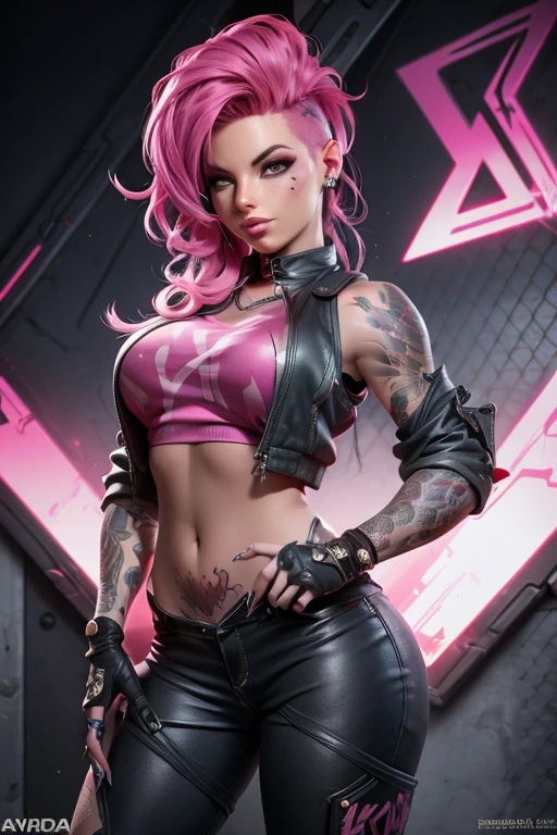 A close up of a woman with pink hair and tattoos argent metal ((best quality)), ( high detail), (1girl), doom eternal, (vivid color), tagging a wall, "AIBABE",HDR, 4k, 3D