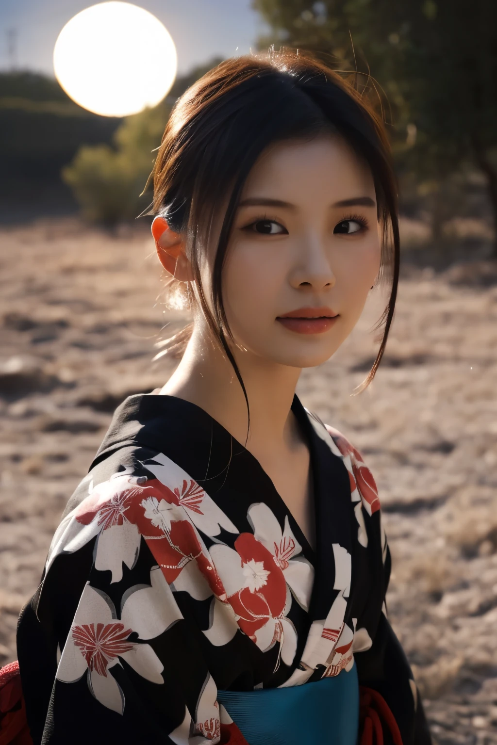 1 girl, (Wear a cute red yukata:1.2), Very beautiful Japanese idol portraits, 
(RAW Photos, Highest quality), (Realistic, Realistic:1.4), (masterpiece), 
Very delicate and beautiful, Very detailed, 2k wallpaper, wonderful, finely, Very detailed CG Unity 8K wallpaper, Very detailed, High resolution, Soft Light, 
Beautiful detailed girl, Very detailed目と顔, Beautiful and sophisticated nose, Beautiful and beautiful eyes, Cinema Lighting, 
(Standing in the desert on a moonlit night:1.3), (Big Moon), (月明かりに浮かぶ少女のwhole bodyのシルエット), (Dark screen:1.5), 
(Medium Hair), (Bring your hair back), (whole body), 
Complete Anatomy, Slender body, Small breasts