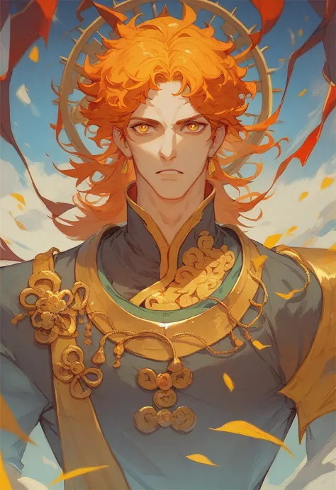 orange hair color, golden eyes, straight hair parted in the center.
wears a golden metal band around his head.
wears vermilion a...