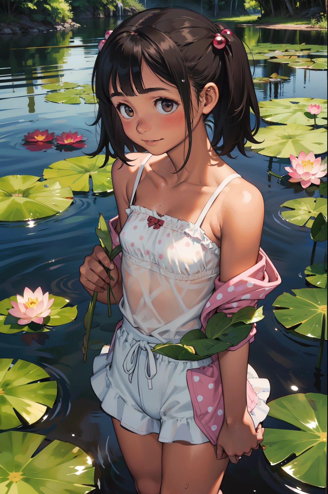 (masterpiece, best quality:1.2), nsfw, (1girl, solo), (15years old, loli), (black short hair, twintails, hair bobbles), brown eyes, (evil smile, blush:1.1), (camisole, polka dot, (open chest, off shoulder), bare breasts, small breasts, (tanlines, swimsuit tan), pink nipples), (shorts, short skirt), (outdoors, nature, summer vacation), (pond, swamp, water, wading, aquatic plants, lotus leaves), dappled sunlight
