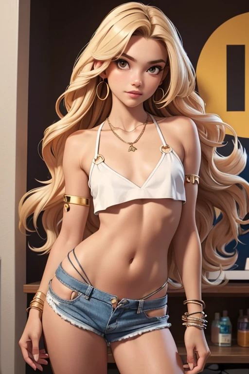 1girl,sfw, long wavy hair, (skinny body),((flat chest  b cup:1.2)), loose cropped top and mini shorts, bracelets, necklaces, posing, hot summer, Miami vibes. In a shop. Thirteen. Thong straps visible 