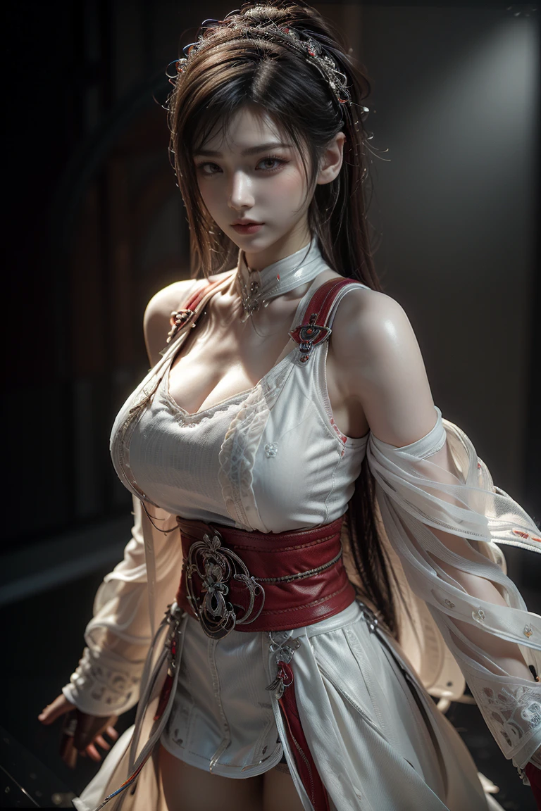 Masterpiece,Game art,The best picture quality,Highest resolution,8K,(A bust photograph),(Portrait),(Head close-up),(Rule of thirds),Unreal Engine 5 rendering works,
20 year old girl,Short hair details,With long bangs,(white hair),red eyes,Elegant and elegant,(Large, full breasts),(Wearing a white coat,Red suspender underwear),shut your mouth,serious yet charming,(scholar),photo poses,Sci-fi style laboratory,white room,
Movie lights，Ray tracing，Game CG，((3D Unreal Engine))，OC rendering reflection pattern