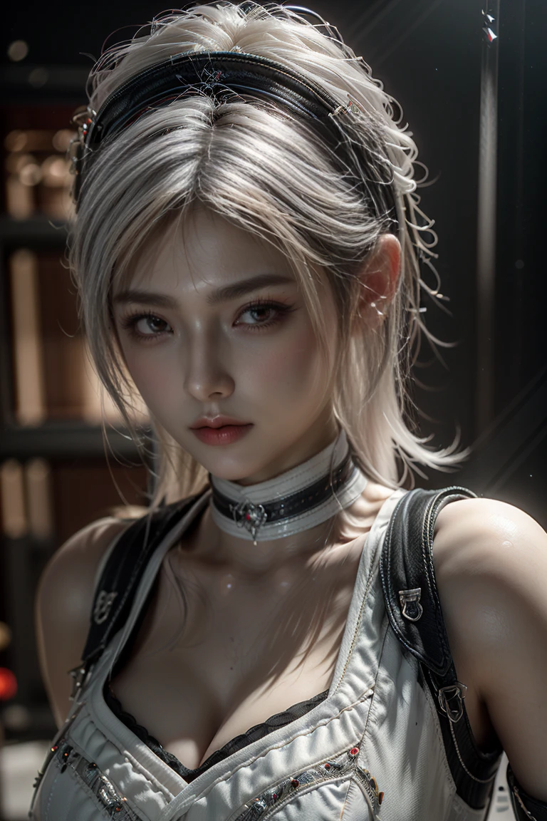 Masterpiece,Game art,The best picture quality,Highest resolution,8K,(A bust photograph),(Portrait),(Head close-up),(Rule of thirds),Unreal Engine 5 rendering works,
20 year old girl,Short hair details,With long bangs,(white hair),red eyes,Elegant and elegant,(Large, full breasts),(Wearing a white coat,Red suspender underwear),shut your mouth,serious yet charming,(scholar),photo poses,Sci-fi style laboratory,white room,
Movie lights，Ray tracing，Game CG，((3D Unreal Engine))，OC rendering reflection pattern