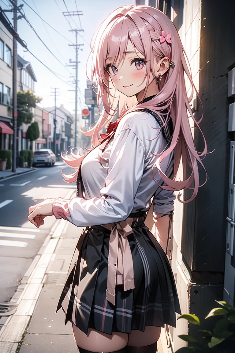 work of art, best qualityer, high resolution, HS1, light purple eyes, huge  ass, Broad Hips, thick-thighs upskirt, long sleeves, neckleace, long blonde hair, pink cardigan, black thighighs, plaid hip skirt, Red loop, garter-ribbons, , plein-air, cowboy shot, standing, ssmile, panty peek, pink panties with floral print, looking ahead at viewer, thick-thighs, jirai kei, ear piercings, view from the street, sakura