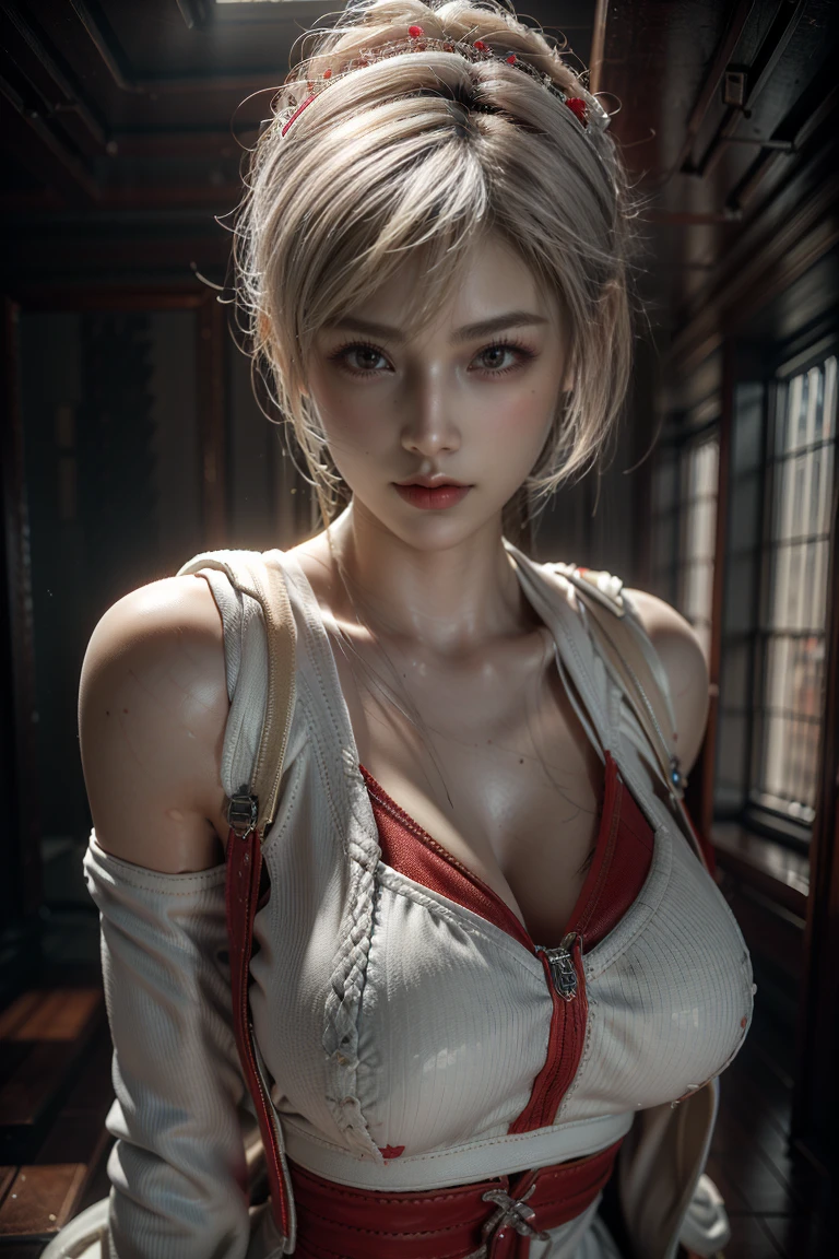 Masterpiece,Game art,The best picture quality,Highest resolution,8K,(A bust photograph),(Portrait),(Head close-up),(Rule of thirds),((nude:1.3,sexy)),Unreal Engine 5 rendering works,
20 year old girl,Short hair details,With long bangs,(white hair),red eyes,Elegant and elegant,(Large, full breasts),(Wearing a white coat,Red suspender underwear),shut your mouth,serious yet charming,(scholar),photo poses,Sci-fi style laboratory,white room,
Movie lights，Ray tracing，Game CG，((3D Unreal Engine))，OC rendering reflection pattern