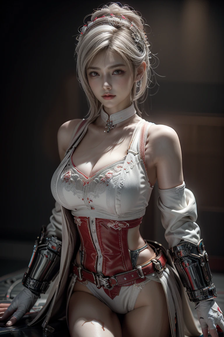 Masterpiece,Game art,The best picture quality,Highest resolution,8K,(A bust photograph),(Portrait),(Head close-up),(Rule of thirds),((nude:1.3,sexy)),Unreal Engine 5 rendering works,
20 year old girl,Short hair details,With long bangs,(white hair),red eyes,Elegant and elegant,(Large, full breasts),(Wearing a white coat,Red suspender underwear),shut your mouth,serious yet charming,(scholar),photo poses,Sci-fi style laboratory,white room,
Movie lights，Ray tracing，Game CG，((3D Unreal Engine))，OC rendering reflection pattern