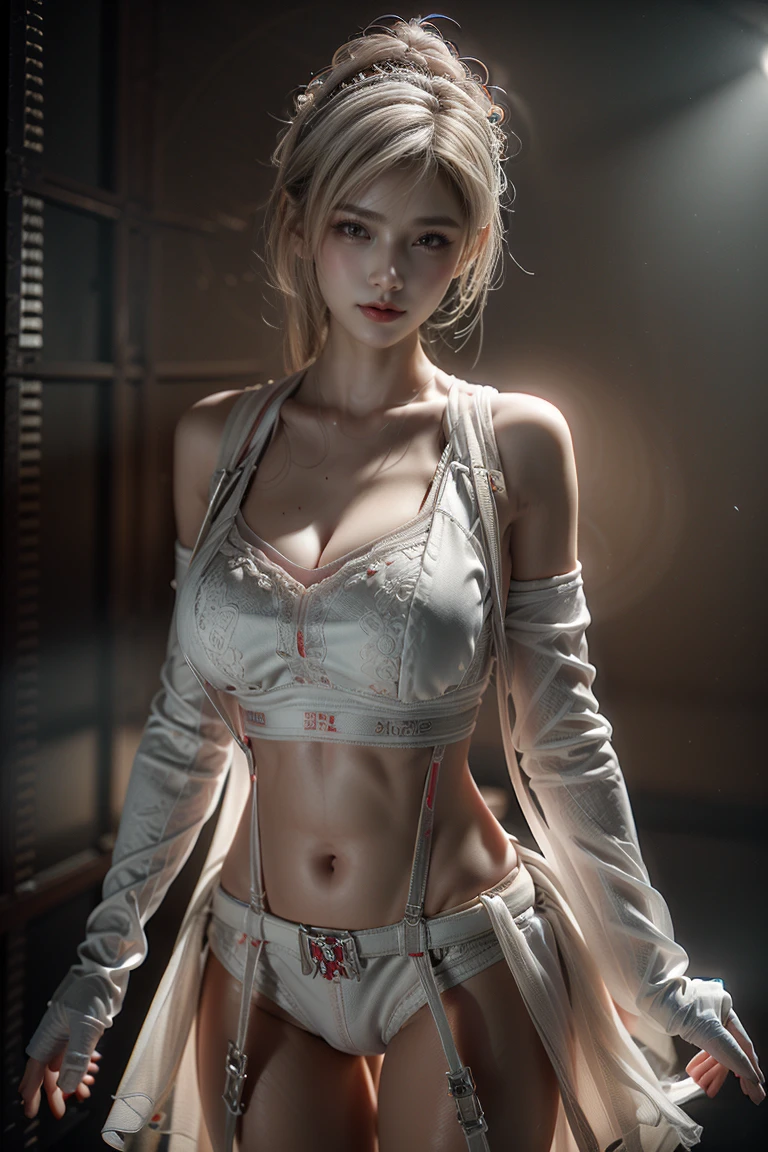 Masterpiece,Game art,The best picture quality,Highest resolution,8K,(A bust photograph),(Portrait),(Head close-up),(Rule of thirds),((nude:1.3,sexy)),Unreal Engine 5 rendering works,
20 year old girl,Short hair details,With long bangs,(white hair),red eyes,Elegant and elegant,(Large, full breasts),(Wearing a white coat,Red suspender underwear),shut your mouth,serious yet charming,(scholar),photo poses,Sci-fi style laboratory,white room,
Movie lights，Ray tracing，Game CG，((3D Unreal Engine))，OC rendering reflection pattern