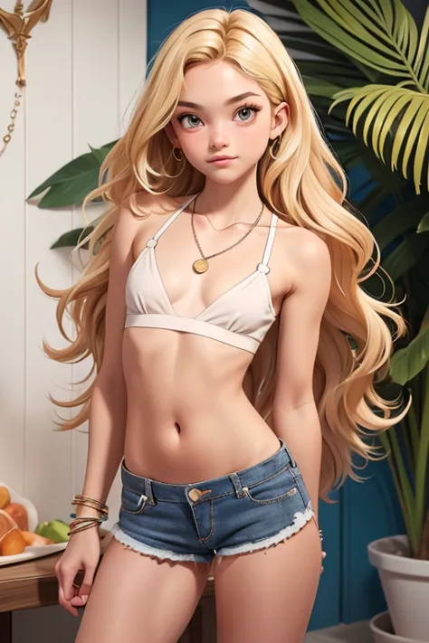 1girl,sfw, long wavy hair, (skinny body),((flat chest  b cup:1.2)), loose cropped top and mini shorts, bracelets, necklaces, pos...