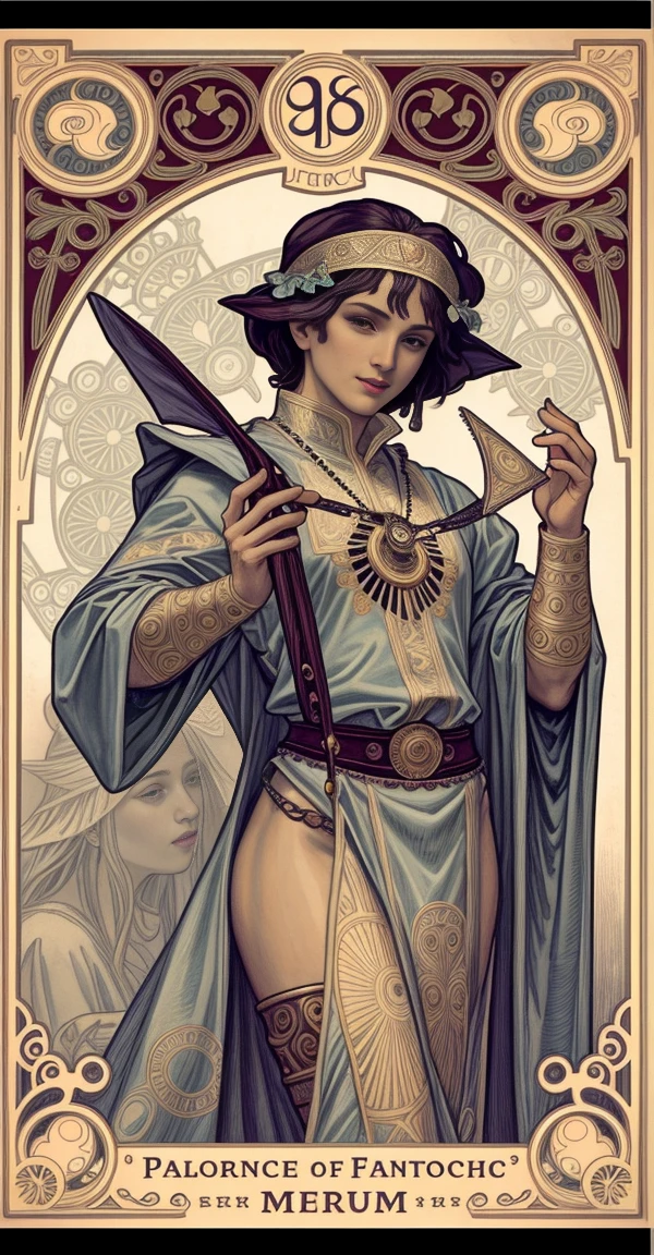 masterpiece, Highest quality, Adult, Tarot, Bard, Court Jester, Symbolism, Visual Arts, occult, universal, Vision Casting, philosophy, Iconography, Fortune telling by numbers, Popularity, art, Alphonse Mucha