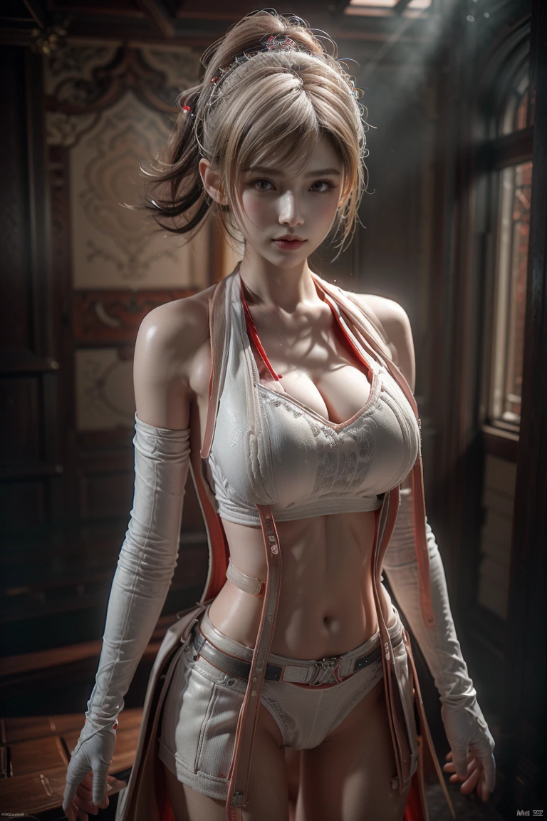 Masterpiece,Game art,The best picture quality,Highest resolution,8K,(A bust photograph),(Portrait),(Head close-up),(Rule of thirds),((nude:1.3,nake:1.4)),Unreal Engine 5 rendering works,
20 year old girl,Short hair details,With long bangs,(white hair),red eyes,Elegant and elegant,(Large, full breasts),(Wearing a white coat,Red suspender underwear),shut your mouth,serious yet charming,(scholar),photo poses,Sci-fi style laboratory,white room,
Movie lights，Ray tracing，Game CG，((3D Unreal Engine))，OC rendering reflection pattern