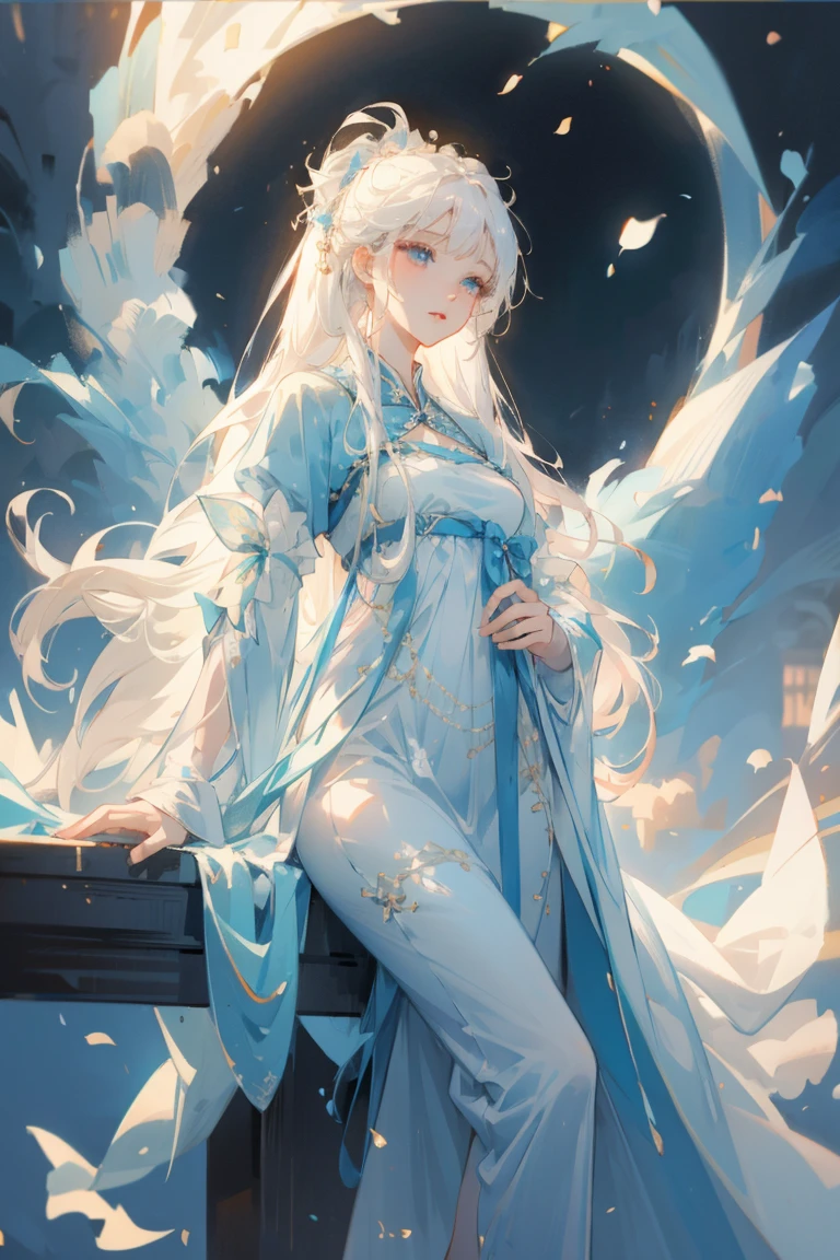 A girl，China costume，whole body，Sunlight，Clear face，Clean white background，masterpiece，Super Detail，Epic composition，Ultra HD，high quality，Extremely detailed，Official Art，8k wallpaper，Super Detail，32K，Long hair，White hair，Large petals，breeze，chiffon，Long hair，White hair，Blue Eyes，Blue Hanfu，Gorgeous hair accessories，Kapok，high resolution， bust，moonlight，chiffon，Gorgeous clothes，masterpiece，Epic Works，Clean background，Flowing sleeves