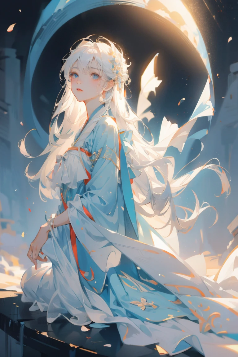 A girl，China costume，whole body，Sunlight，Clear face，Clean white background，masterpiece，Super Detail，Epic composition，Ultra HD，high quality，Extremely detailed，Official Art，8k wallpaper，Super Detail，32K，Long hair，White hair，Large petals，breeze，chiffon，Long hair，White hair，Blue Eyes，Blue Hanfu，Gorgeous hair accessories，Kapok，high resolution， bust，moonlight，chiffon，Gorgeous clothes，masterpiece，Epic Works，Clean background，Flowing sleeves