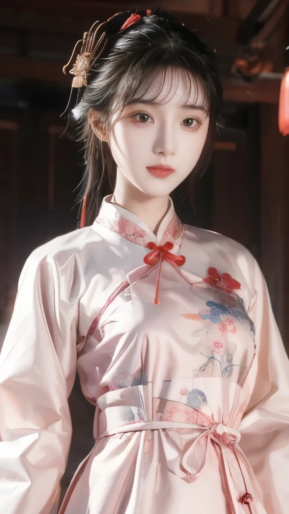 There is a cartoon of a girl wearing a skirt, Chinese dress, Hanbok apron, China costume, Chinese traditional clothing, Close-up - View, Hanbok, wearing ancient China costume, with ancient China costume, palace, Girl wearing Hanfu, White Hanfu, cheongsam, Wearing a pink floral tunic, Shadow Room, Light Edge, Two-color lighting, (High Detail Skin: 1.2), 8K uhd, Digital SLR Camera, Soft Light, high quality, Volumetric Lighting, Sneak Peek, photo, high resolution, 4K, 8K, Blurred Background  