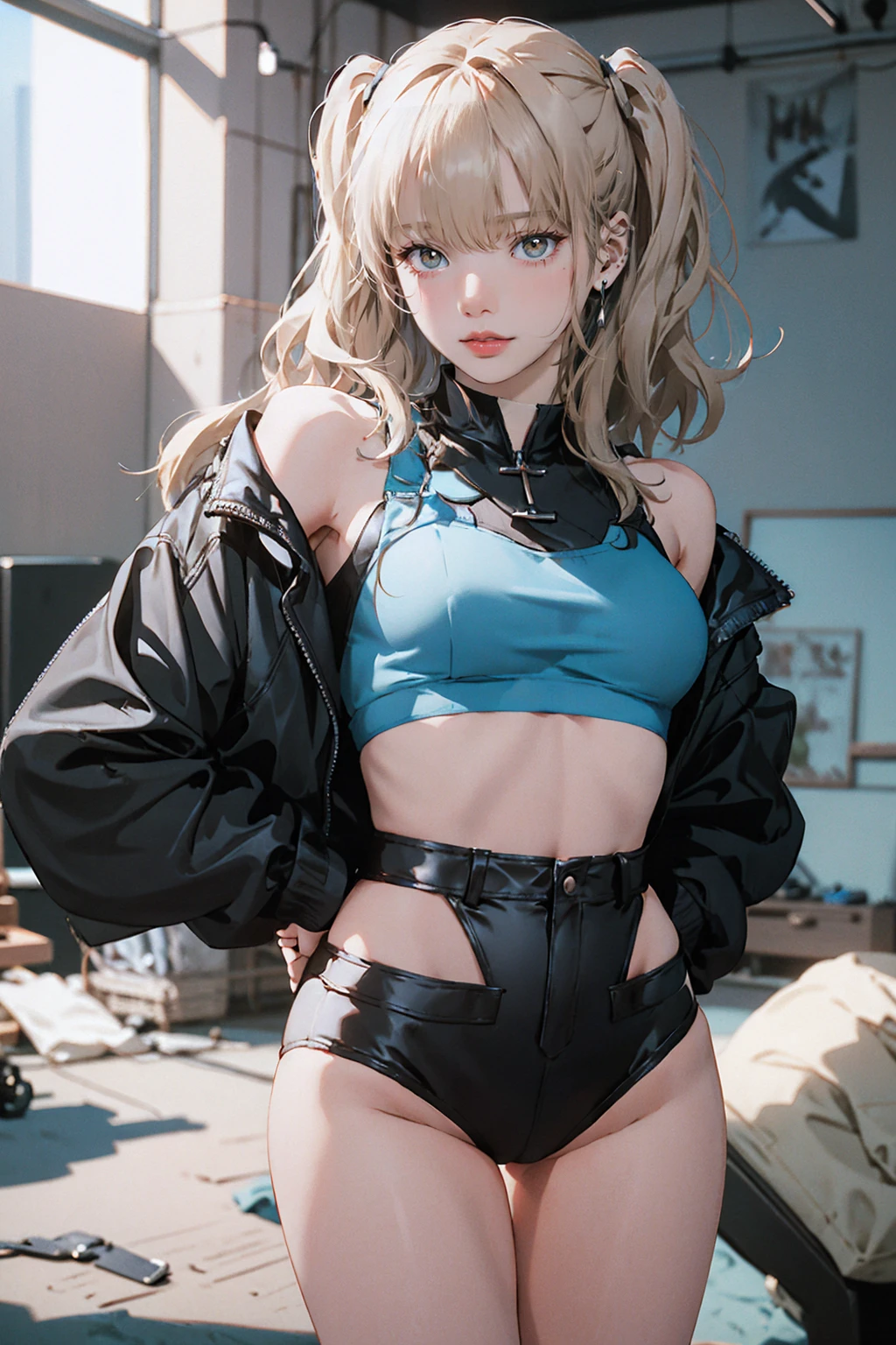 Realistic:1.2, Rocker girl in leather jacket,Slim figure、Normal bust size、 highly Realistic photograph, whole body, NSFW, Spiked clothing,White tank top、Navel exposed、Leather high leg bikini pants、tattoo,Earrings Dark lipstick, blue eyes,Blonde twin tail hair,Black Ribbon, Beautiful and perfect legs, Confident expression, Punk Style ,Dynamic pose, Dynamic Lighting, Bright colors, Large Breasts, (Adult female body),Small waist