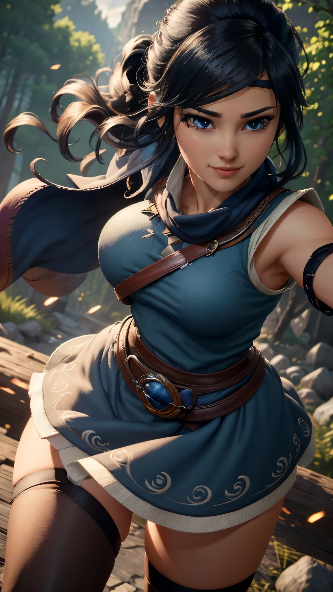 Kena da bridge of spirits,(best qualityer,4K,8k,high resolution,work of art:1.2)(weather: windy),spirit forest background, long curly hair, cropped shirt, long wavy dress, thigh high stockings, garter belt, magic scepter, headband, gloves, harness corset, wide hips, ultra detailed,realisitic,beautiful detailed blue eyes,beautiful detailed lips,extremely detailed eye and face, long eyelashes,sexly,average,large breasts,flying hair,beaming smile,powerful girl in a combat, combat stance,bright coloured,dramatic lighting,composition,