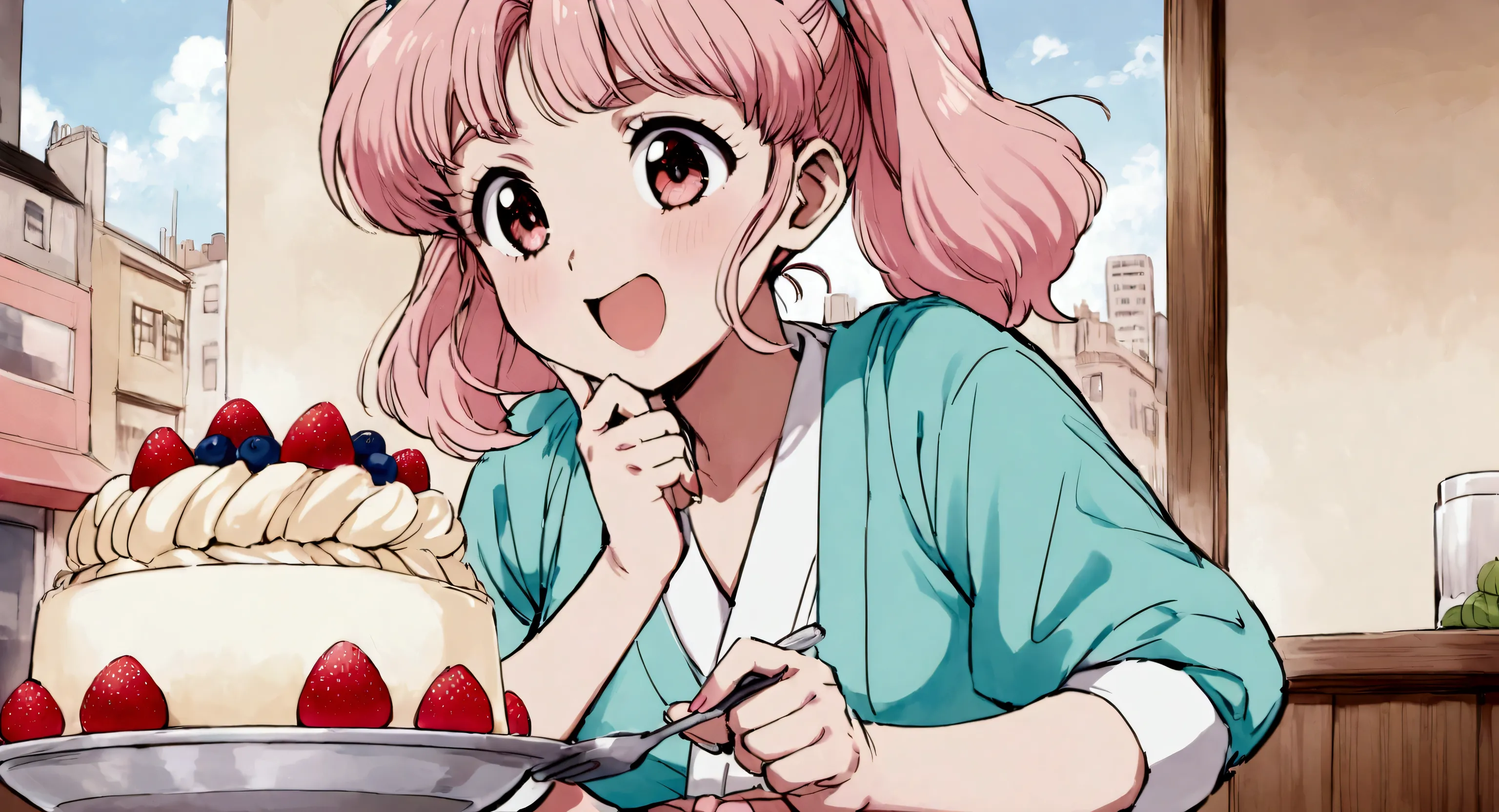 anime cute japanese woman 80s ,pastel,city pop ,making dessert