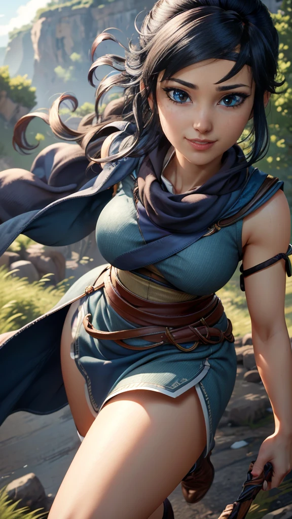 Kena da bridge of spirits,(best qualityer,4K,8k,high resolution,work of art:1.2)(weather: windy),spirit forest background, long curly hair, cropped shirt, long wavy dress, thigh high stockings, garter belt, magic bow and arrow, headband, gloves, harness corset, wide hips, ultra detailed,realisitic,beautiful detailed blue eyes,beautiful detailed lips,extremely detailed eye and face, long eyelashes,sexly,average,large breasts,flying hair,beaming smile,powerful girl in a combat, combat stance,bright coloured,dramatic lighting,composition,