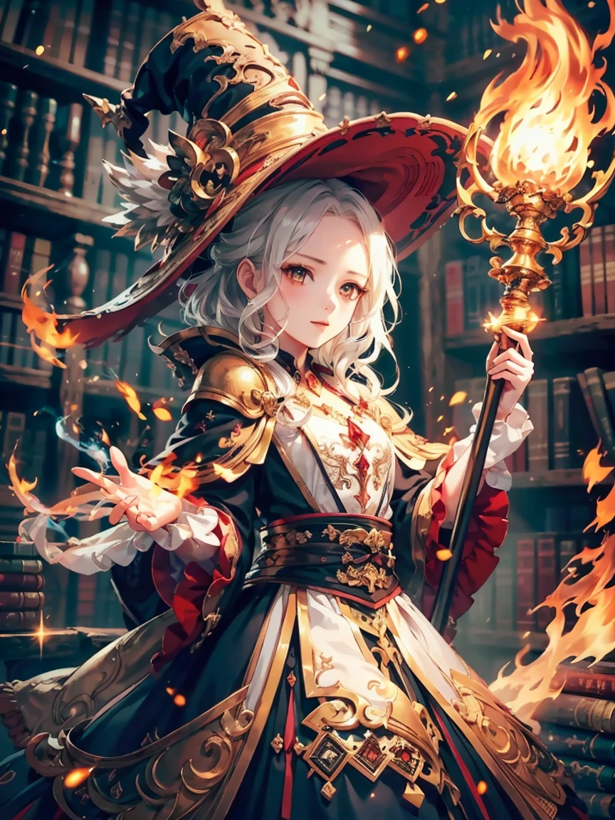 (masterpiece), best quality, Very detailed, A Magus girl with white hair holdding a magical，Fire Magic， Witch Hat, Ruffled skirt, Red and black clothing, Holding a magic wand, Magic lights, 背景是library ,library