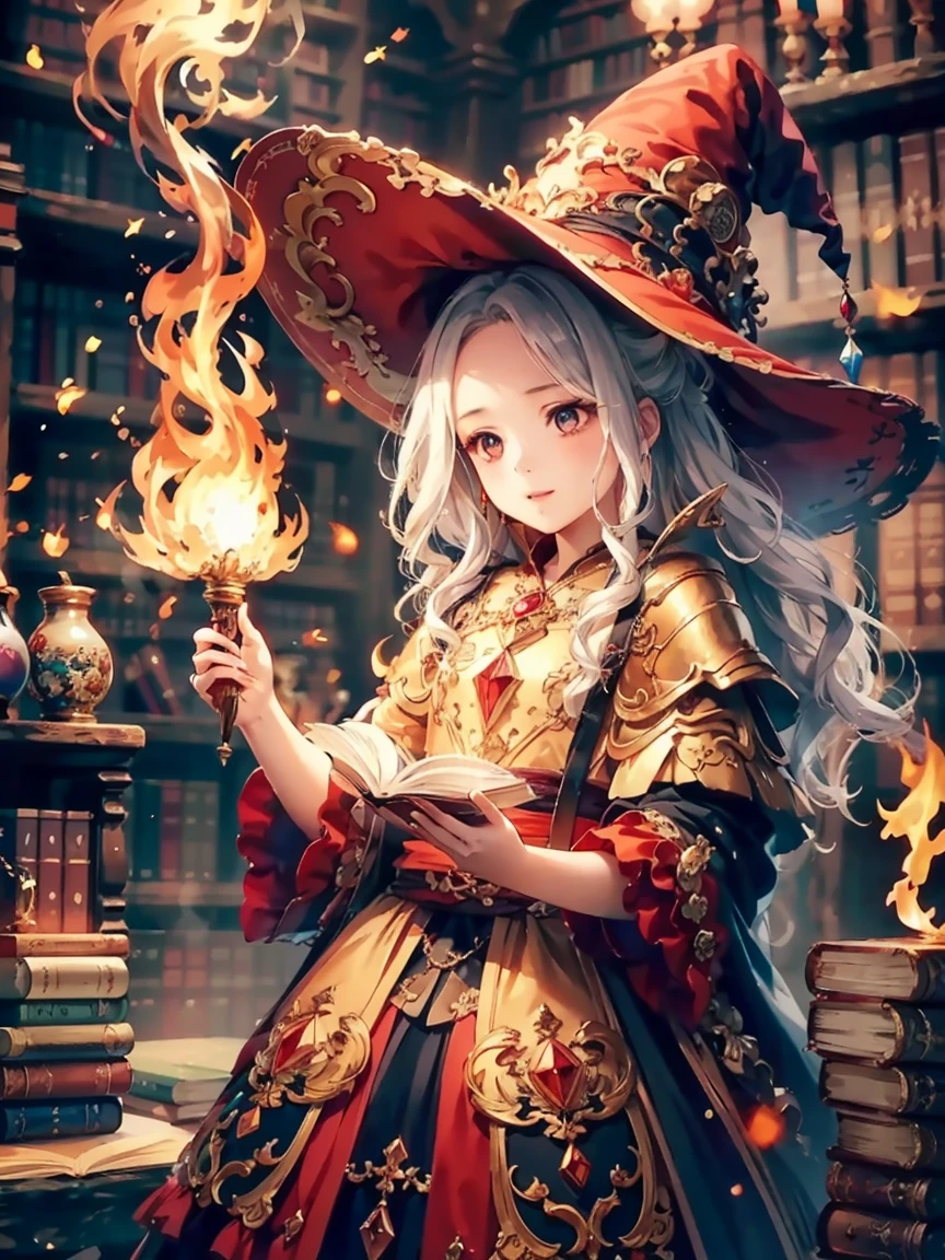 (masterpiece), best quality, Very detailed, A Magus girl with white hair holdding a magical，Fire Magic， Witch Hat, Ruffled skirt, Red and black clothing, Holding a magic wand, Magic lights, 背景是library ,library