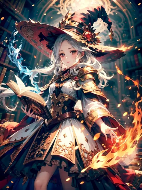 (masterpiece), best quality, very detailed, a magus girl with white hair holdding a magical，fire magic， witch hat, ruffled skirt...