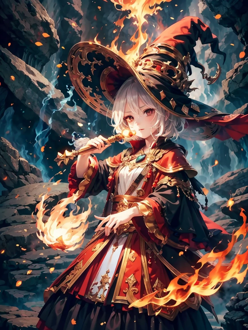 (masterpiece), best quality, Very detailed, A Magus girl with white hair holdding a magical，Fire Magic，Big fireball，Flame Wall， Witch Hat, Ruffled skirt, Red and black clothing, Holding a magic wand, Magic lights, 