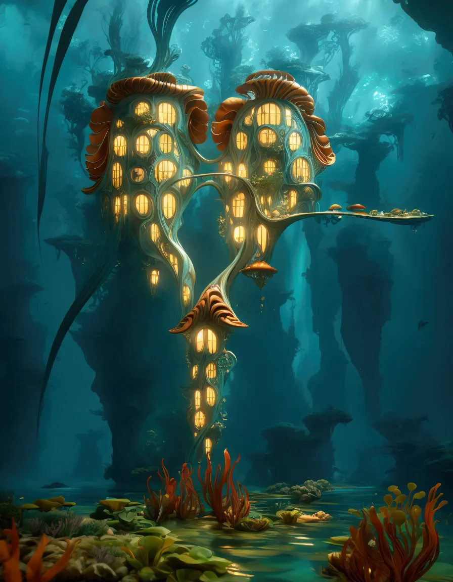 a scissors apartment building underwater, metamorphosis, surrealism, highly detailed, digital painting, 8k, photorealistic, cine...