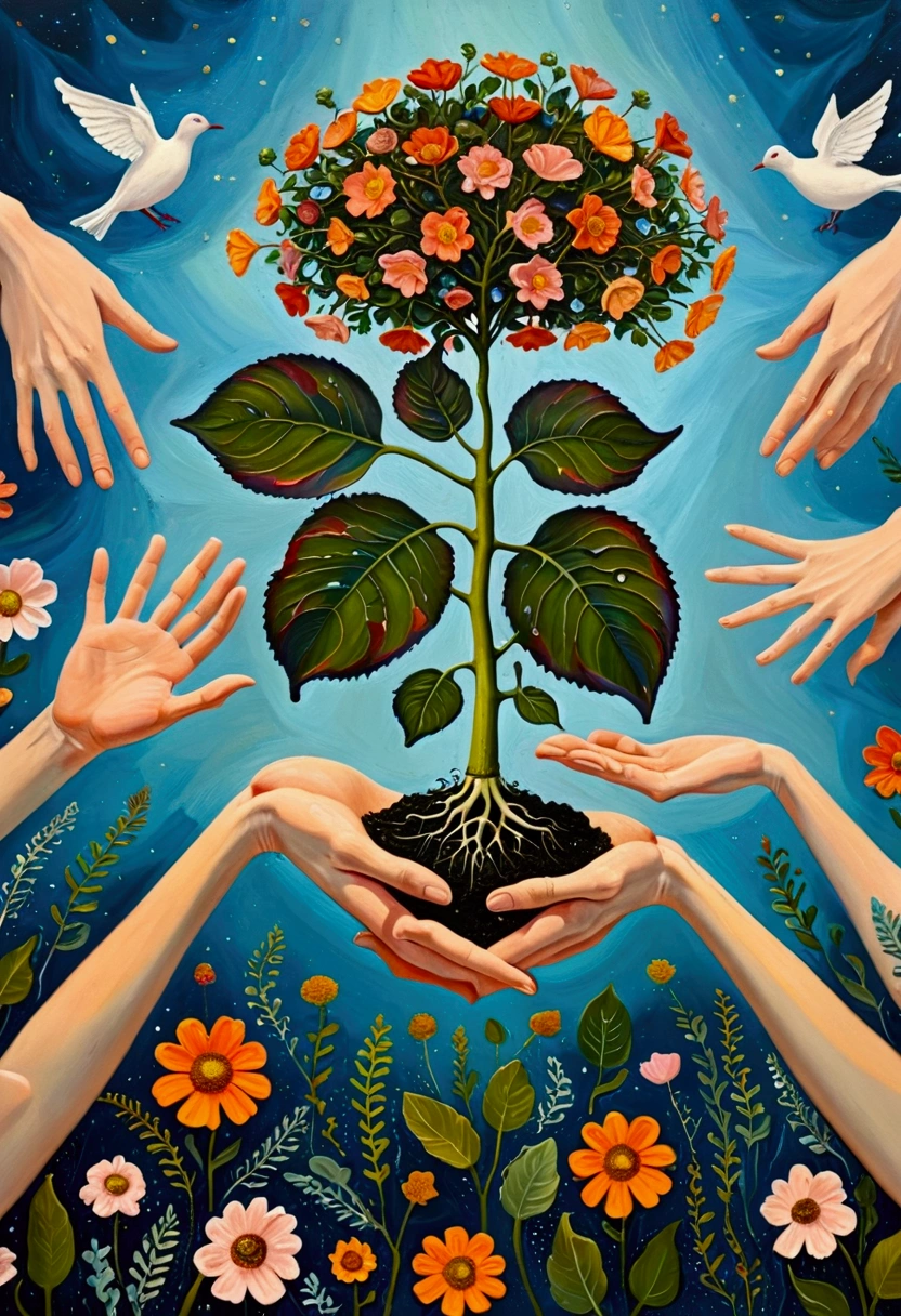 painting of a room with a plant and several hands reaching out of it, surreal painting, surrealistic painting, a surrealist painting, surrealist painting, surrealist artwork, surrealism aesthetic, surreal oil painting, surreal illustration, surrealist art, whimsical surrealism, dreamy painting of coronavirus, surreal art, abstract surrealism masterpiece, abstract surrealism, surrealistic style