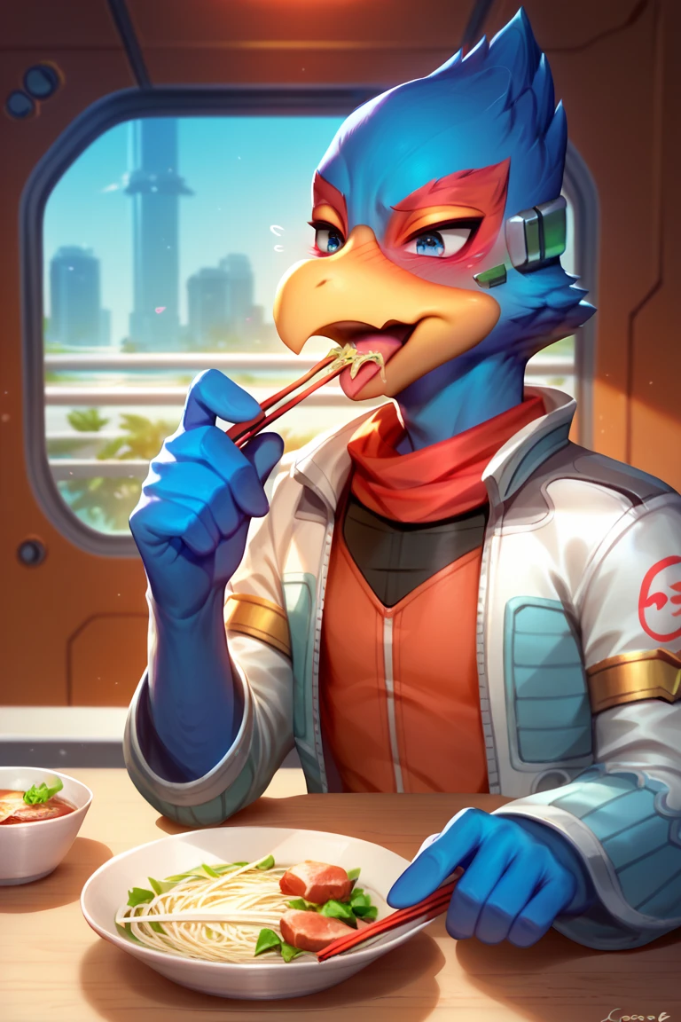 score_9, score_8_up, score_7_up, dcore_6_up, 1boy, solo, Falco lombardi, inside spaceship, beckoning, straight on, nsfw, eating, eating udon, chopsticks in one hand, slurping noodles, embarrassed face, shy expression. detailed face, high resolution, drooling from mouth,