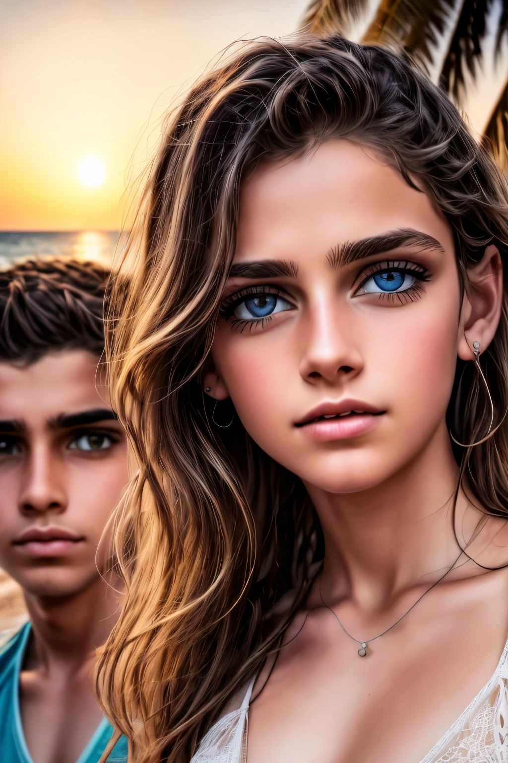 a group of boys and girls near the beach on a summer night, beautiful detailed eyes, beautiful detailed lips, extremely detailed eyes and face, long eyelashes, teenage, candid, natural outdoor lighting, sunset sky, crashing waves, sand, palm trees, vibrant colors, cinematic, dramatic, 8k, high resolution, photorealistic, hyper detailed, stunning, masterpiece