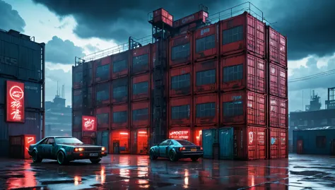 post apocaliptic factory, cyber punk setting, neon lights, cyberpunkcars in front of the building, sad brutal architecture, red ...