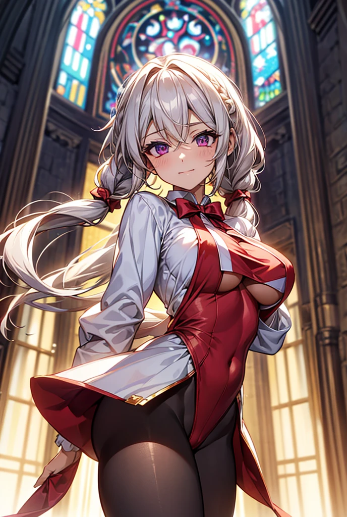 ((masterpiece)), ((Best quality)), (high resolution), (illustration), (an extremely delicate and beautiful), (ultra detailed beautiful face and eyes), nsfw,   1girl, leaning forward,  YukineChris, long hair, purple eyes, twintails, low twintails, ahoge, large breasts,  fishnet pantyhose, red a bow tie,  volumetric lightning, 
detailed skin texture, detailed, volumetric shadow, anime screencap,Highest quality, Sorceress, ancient babylonian nobility, ((tan skin:1.2)), (brown skin color),Long hair, twin braids, hair ornament, wine colored hair, smile, Below average size breasts, bare shoulders, (underboob:0,Red leotard)clothes get torn、Cross your arms、Wide-open legs、Standing with your legs apart、front、Leg spread、Groin、bikini、Two Piece、Yukine Chris、Symphogear、Wet、lake、lake畔、shrine、Bi、紺Bi
8K, masterpiece, Best_quality, high_resolution, ultra_details, detailed, 1girl, 独奏, looking_at_viewer, upper_body, braid, blurry, bangs, white_hair, blurry_background, collared_shirt, church, Blue_dress、hair_ribbon, hair_between_eyes, 
sidelocks,depth_of_field,light_particles,sun_shine,snow、french_braid, Alphonse Mucha Style, sharp focus, perfect hands, perfect face, perfect eyes, perfect light, dynamic light, natural light, Masterpiece, Best quality, 
