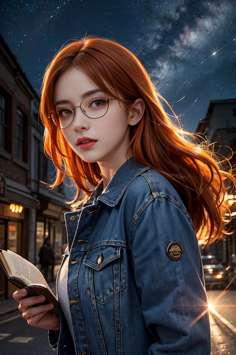 lifelike, High resolution, soft light,1 woman, (Detailed face), denim jacket，Hold a book in hand，wear glasses，sharp vision, noble and inviolable temperament, (([woman]: 1.2 + [beauty]: 1.2 + long orange hair: 1.2)), Bright Eyes, Purple tone pattern，Purple light and shadow，（standing on the street），Clear beauty, woman, 20 years old，((Autumnal) )，beautydelicate eyes, Good 8KCG wallpaper, official art， Super detailed， masterpiece， best quality， Detailed face，expression of stoicism，dynamic poses，Meteor，starry sky，Milky Way，（original photo，best quality），（realistically，Real shot：1.3），best quality，Very detailed，masterpiece，Super detailed，（whole body），dynamic angle，World Masterpiece Theater，messy_long_hair，best quality，Astonishing，movie lighting，lens_flare，
