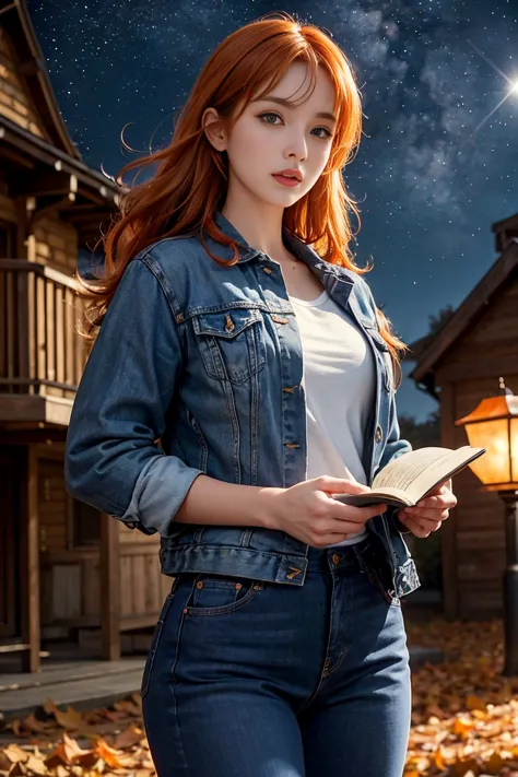 lifelike, high resolution, soft light,1 woman, (detailed face), denim jacket，hold a book in hand，wear glasses，sharp vision, nobl...