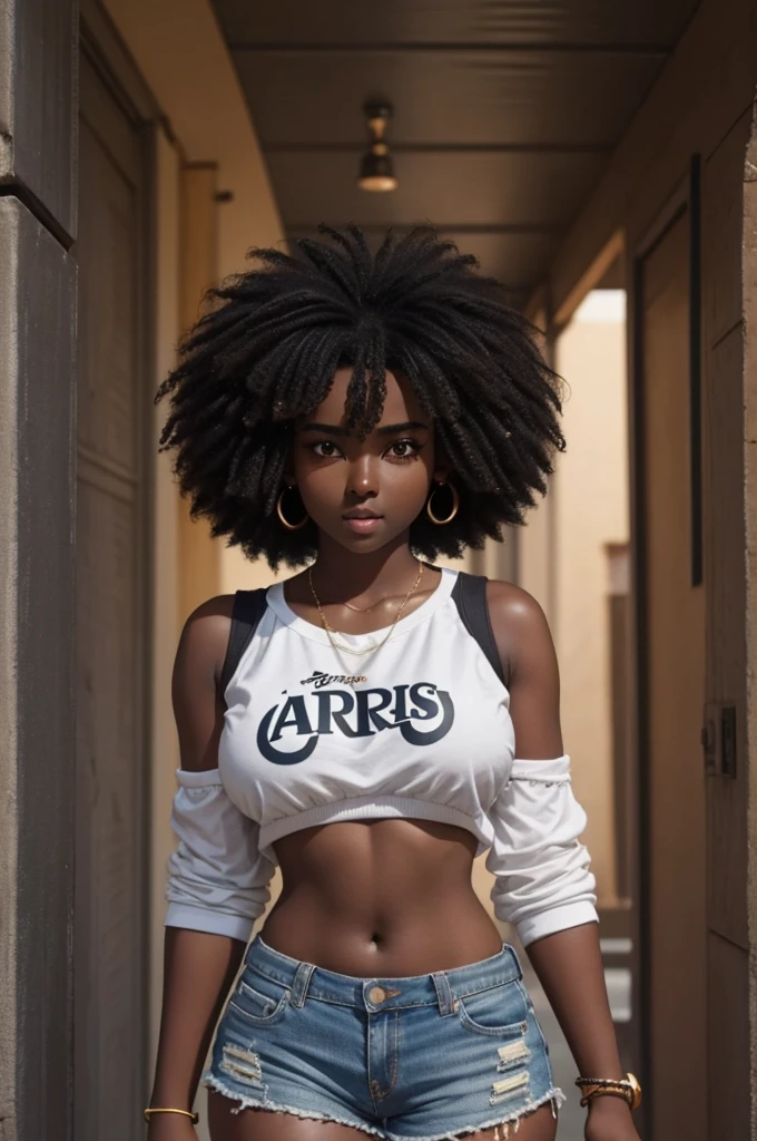 cute hair, dark skin, teenager, beautiful face, deep dark skin, showing big breasts, SFW, upper body beauty focus, sexy top, short shorts, extreme sexy, afro African 