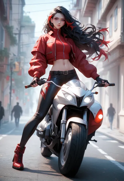 (best quality,4k,high resolution), high-level image quality、high quality pixels、resolution up、female rider riding motorcycle on ...