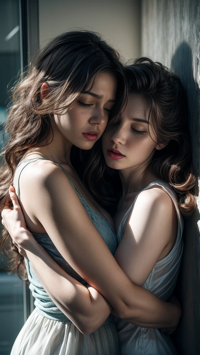 Two women hate each other, stare angrily sleeping in bed hugging tightly 