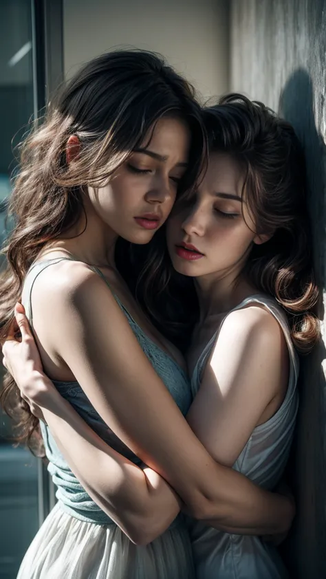 two women hate each other, stare angrily sleeping in bed hugging tightly