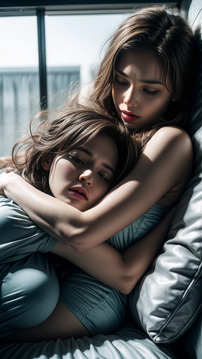 Two women hate each other, stare angrily sleeping in bed hugging tightly 