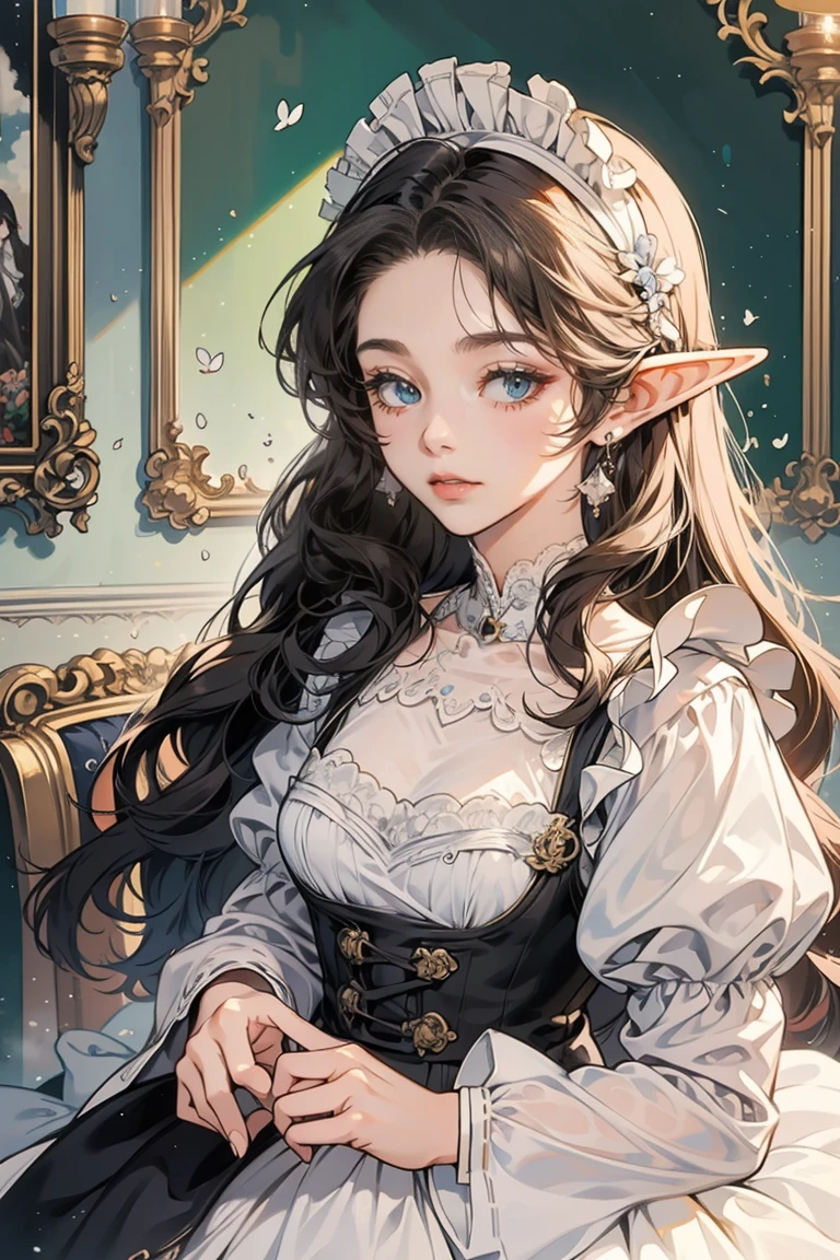 Anime Style、Elf、Beautiful girls aged 15 and over、、Maid outfits that aren&#39;t frilly ribbons、Earrings、Long black hair、cute、Baby Face、smile、Very cute headband
