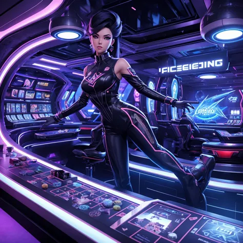 "a 3d rendered image for a facebook gaming page called 'orion star gaming'. the scene depicts a stylish, futuristic casino inter...