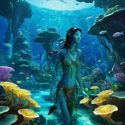 setting: beneath pandora's oceans, a magical realm of shimmering blues and greens is illuminated by beams of sunlight. the biolu...