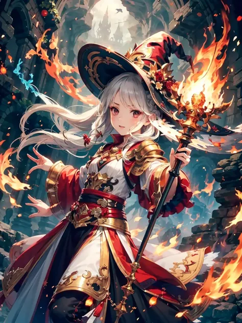 (masterpiece), best quality, very detailed, a magus girl with white hair holdding a magical，fire magic，big fireball，flame wall， ...